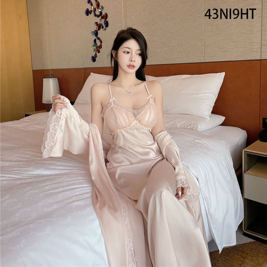 43NI9HT Women Robe Lace Satin Pajama Set